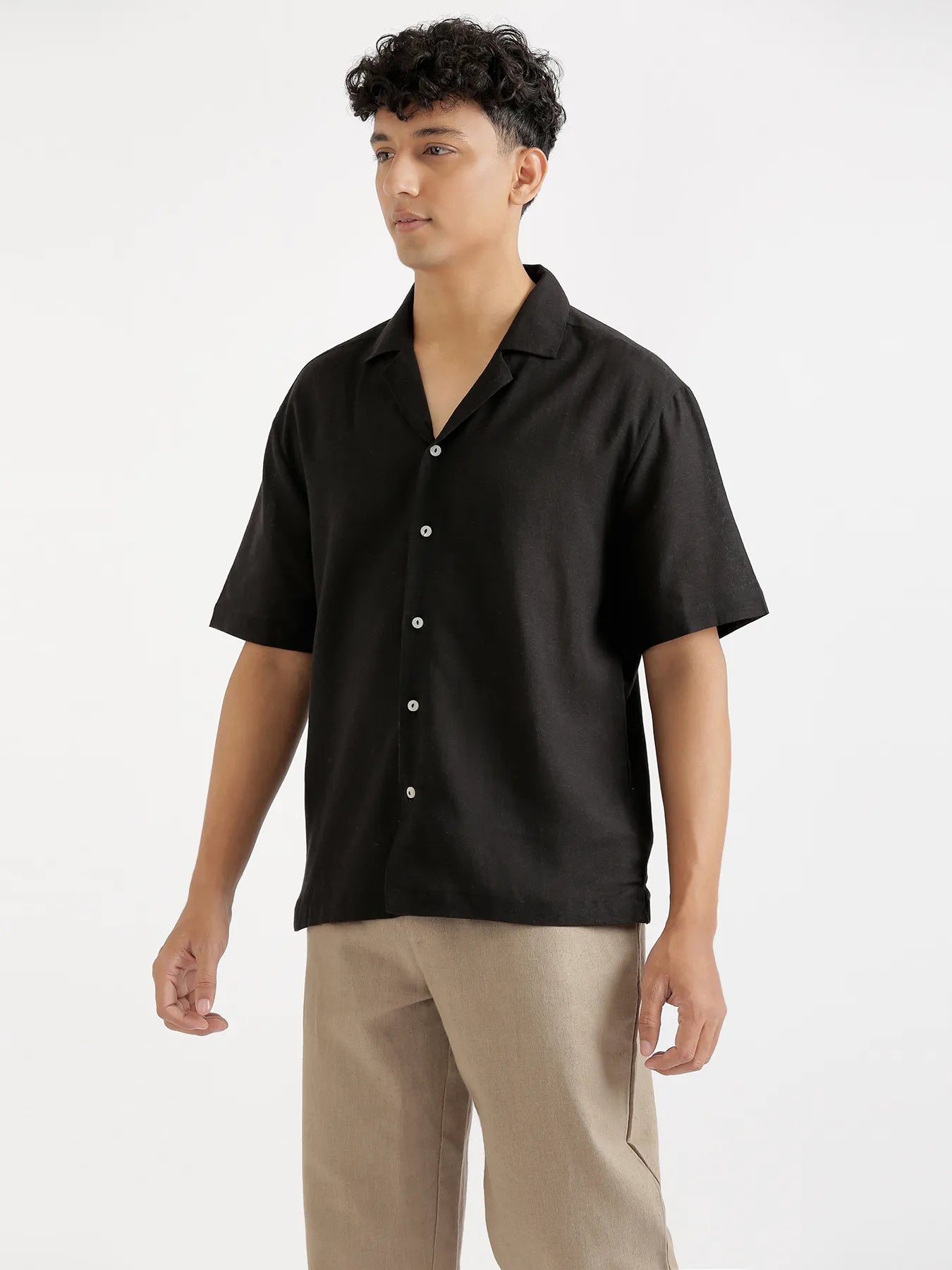Men Flowy Linen Cuban Collar Black Shirt