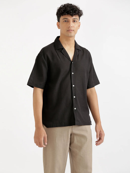 Men Flowy Linen Cuban Collar Black Shirt