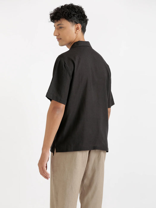 Men Flowy Linen Cuban Collar Black Shirt
