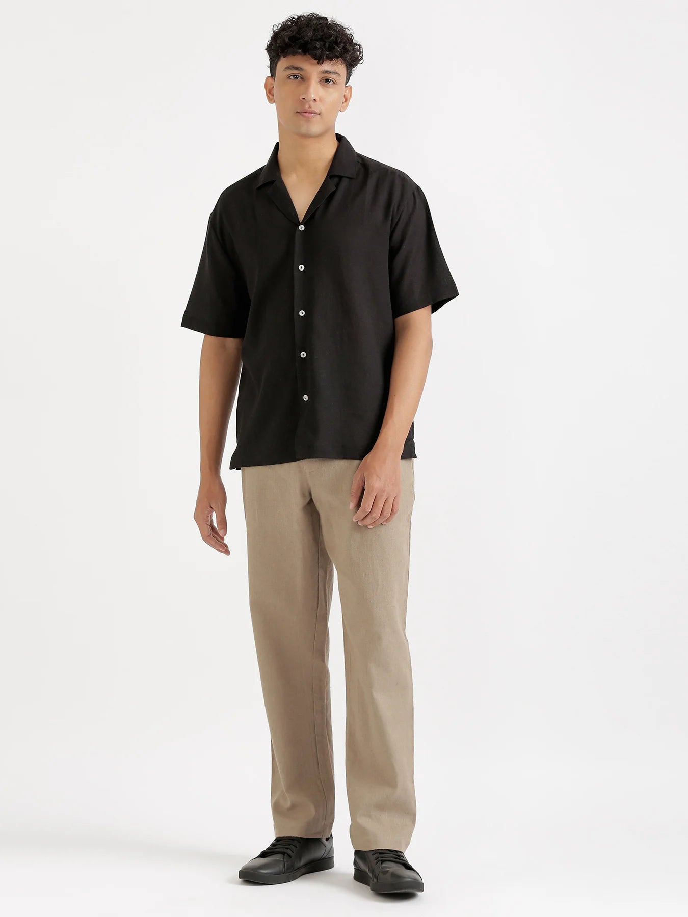 Men Flowy Linen Cuban Collar Black Shirt