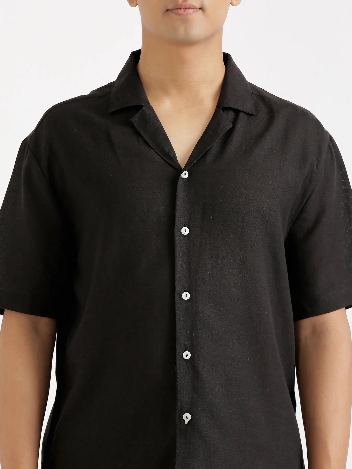 Men Flowy Linen Cuban Collar Black Shirt