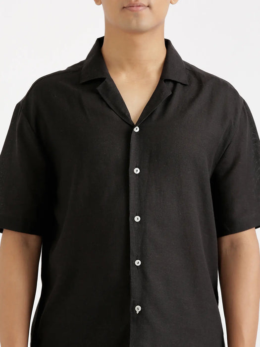 Men Flowy Linen Cuban Collar Black Shirt