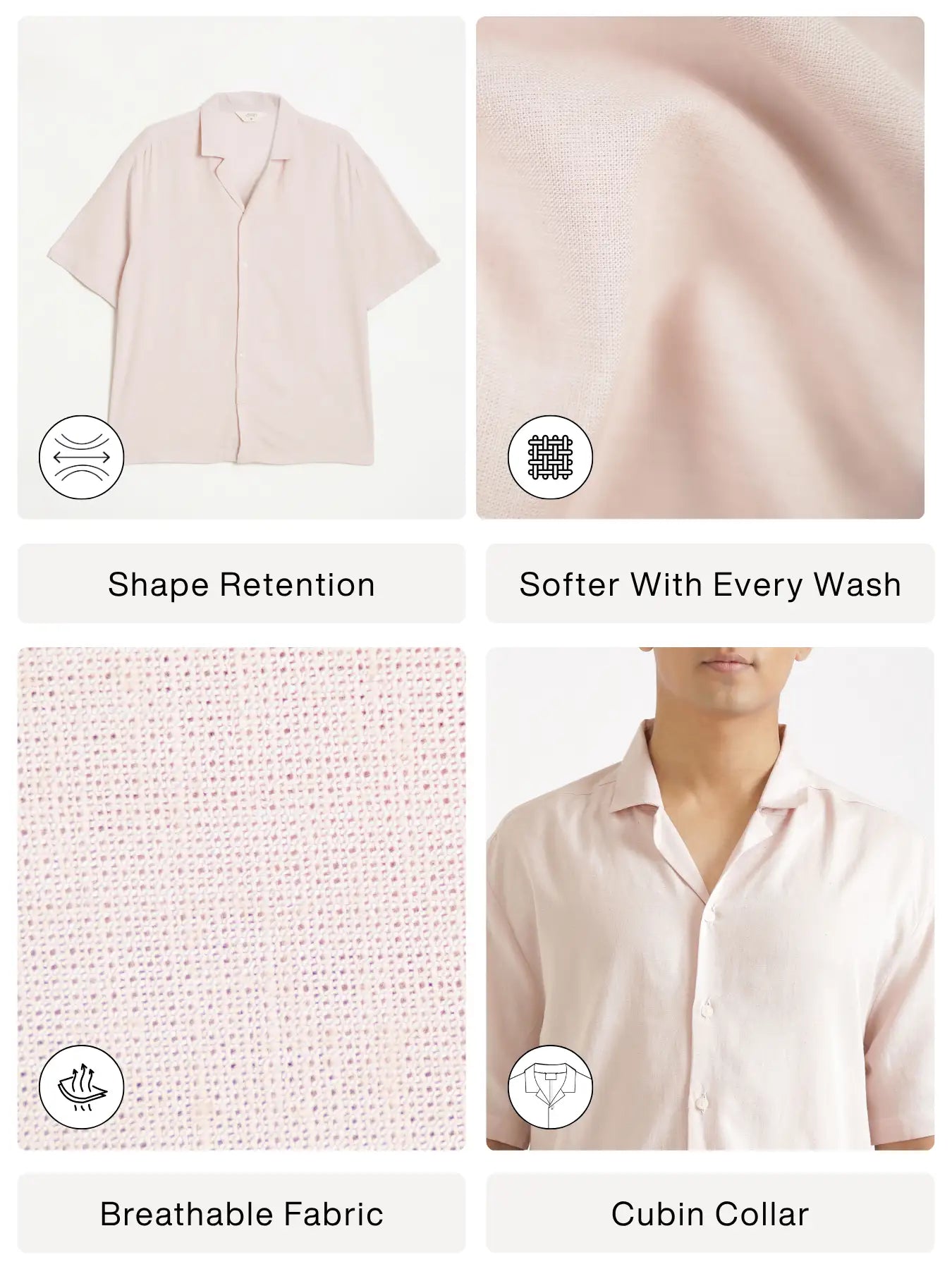 Men Flowy Linen Cuban Collar Blush Pink Shirt