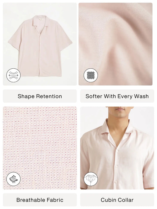 Men Flowy Linen Cuban Collar Blush Pink Shirt