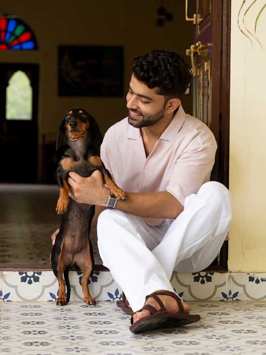 Men Flowy Linen Cuban Collar Blush Pink Shirt