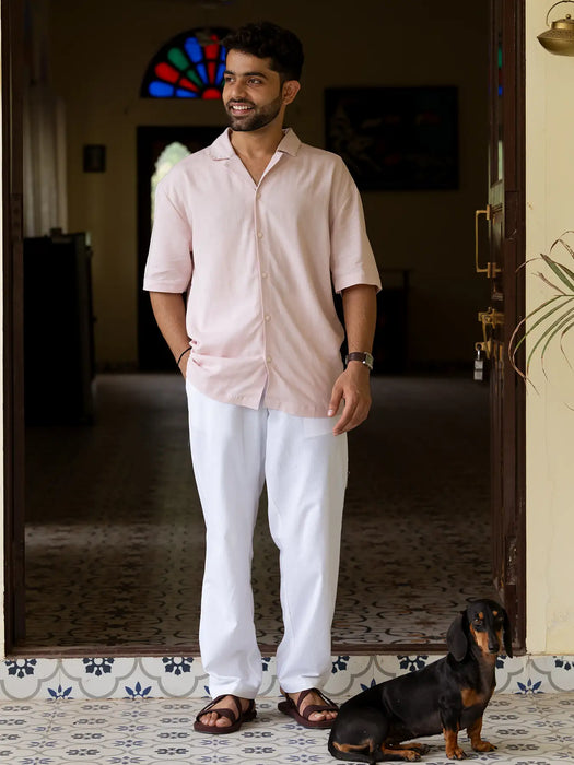 Men Flowy Linen Cuban Collar Blush Pink Shirt