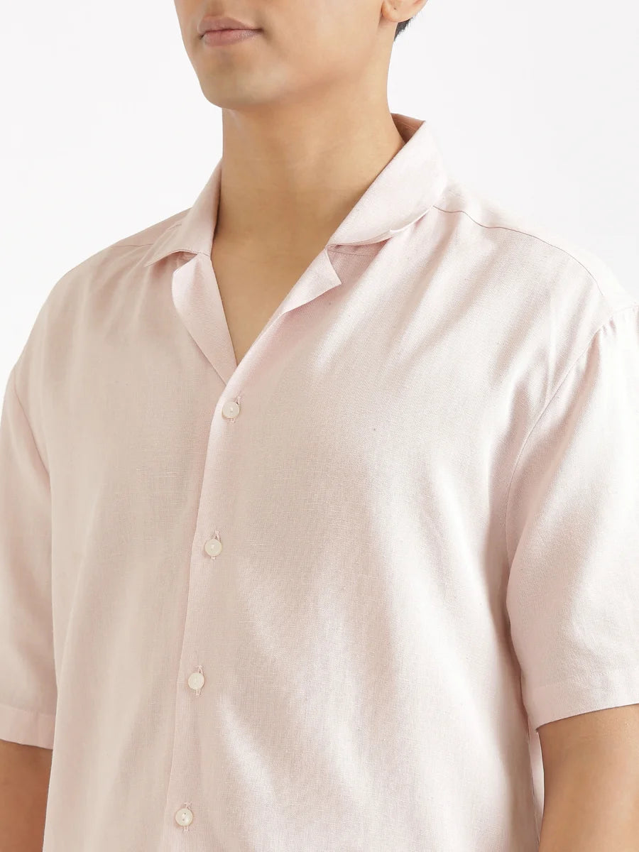 Men Flowy Linen Cuban Collar Blush Pink Shirt