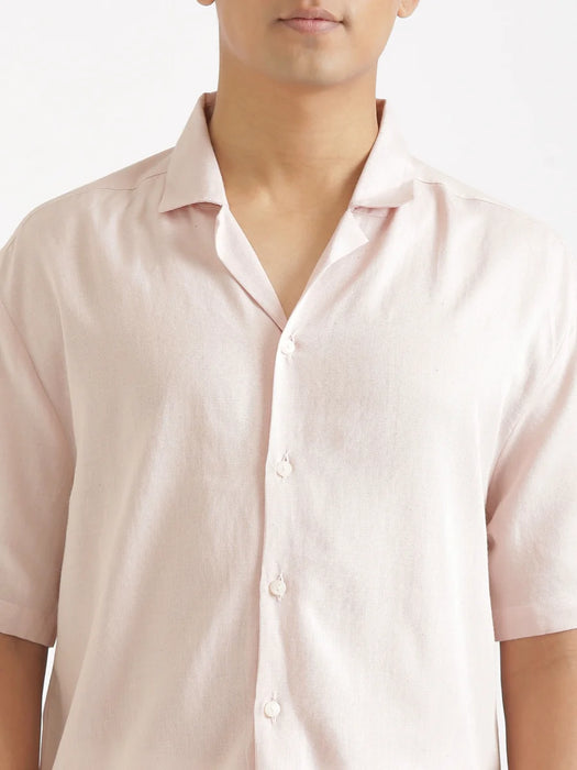 Men Flowy Linen Cuban Collar Blush Pink Shirt