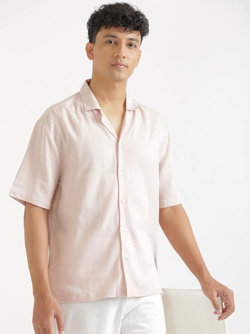 Men Flowy Linen Cuban Collar Blush Pink Shirt