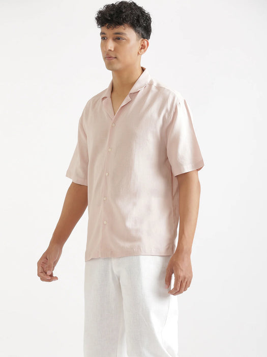 Men Flowy Linen Cuban Collar Blush Pink Shirt