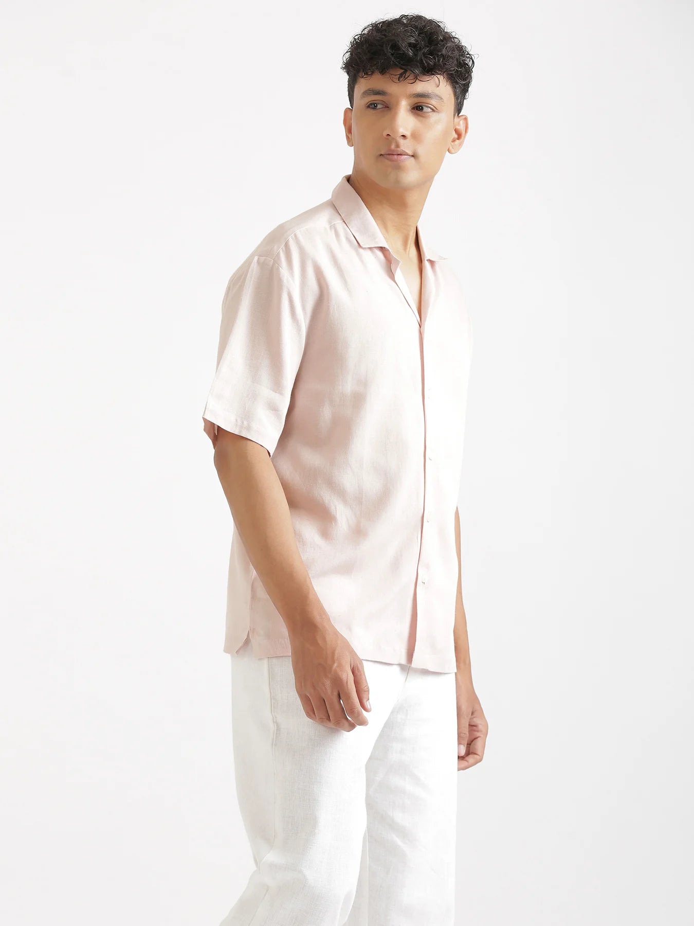 Men Flowy Linen Cuban Collar Blush Pink Shirt