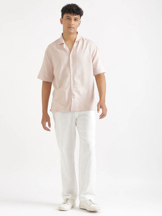 Men Flowy Linen Cuban Collar Blush Pink Shirt