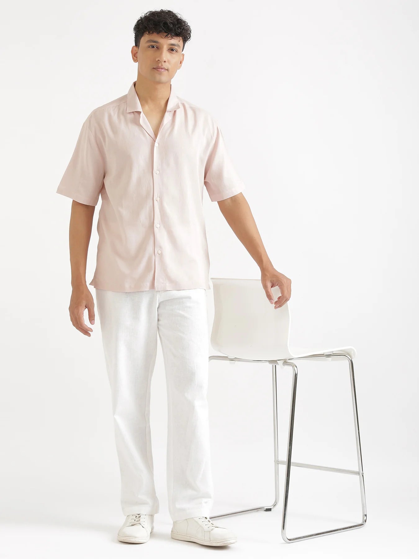 Men Flowy Linen Cuban Collar Blush Pink Shirt