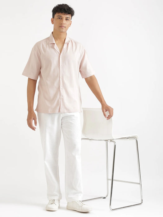 Men Flowy Linen Cuban Collar Blush Pink Shirt