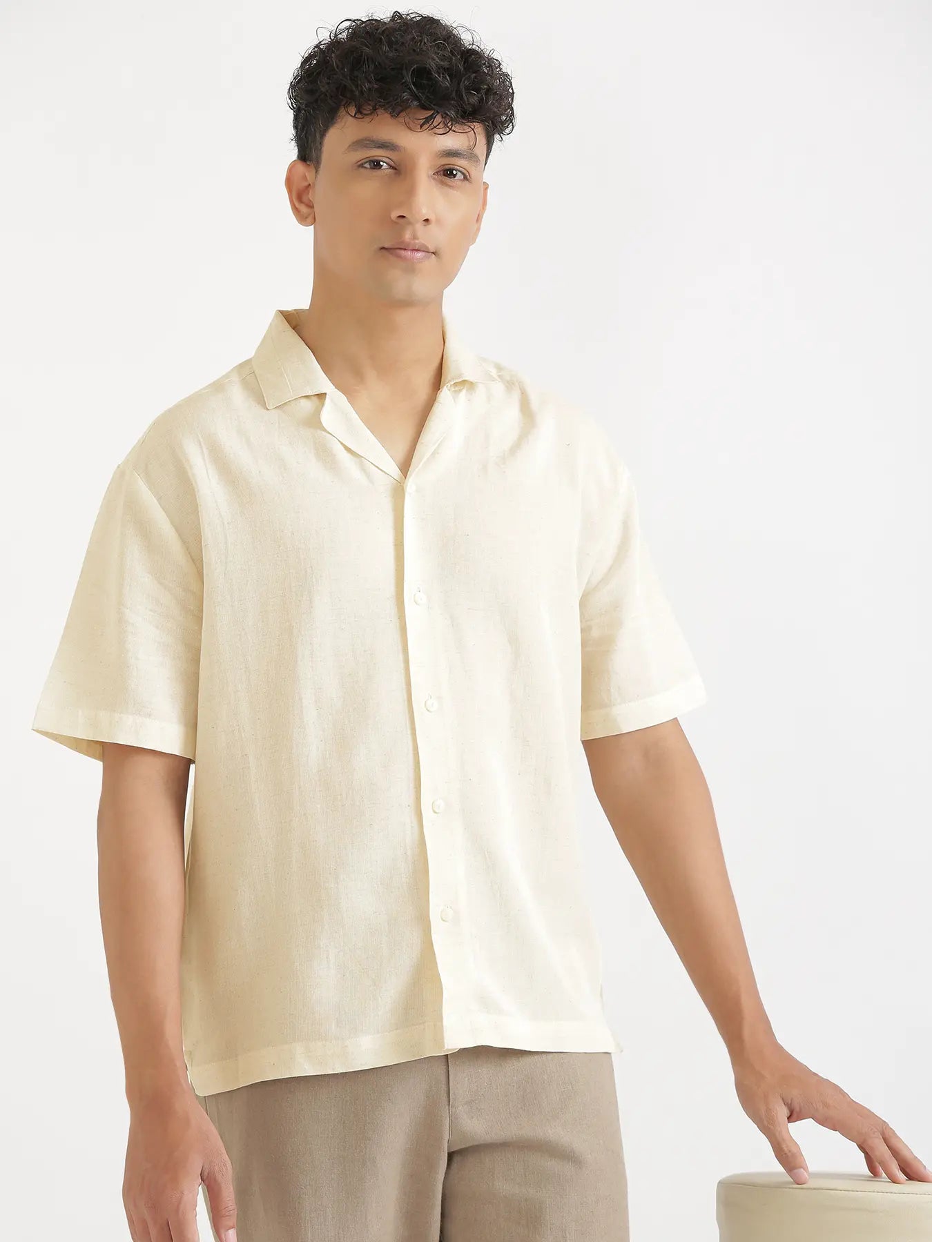 Men Flowy Linen Cuban Collar Ecru Shirt