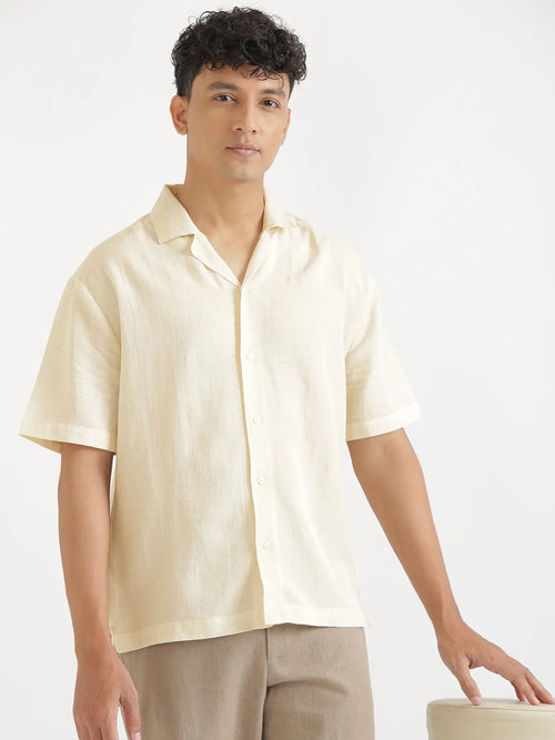 Men Flowy Linen Cuban Collar Ecru Shirt