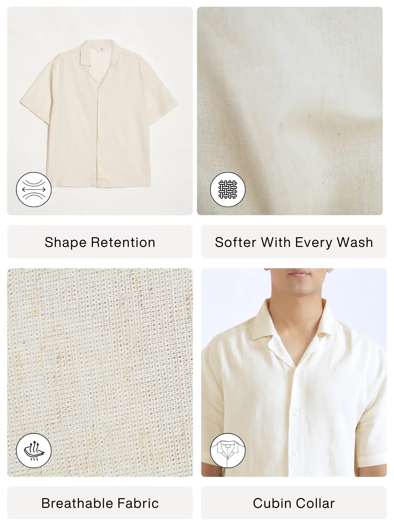 Men Flowy Linen Cuban Collar Ecru Shirt