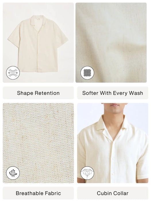 Men Flowy Linen Cuban Collar Ecru Shirt