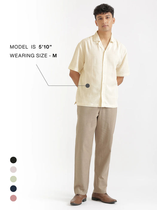 Men Flowy Linen Cuban Collar Ecru Shirt