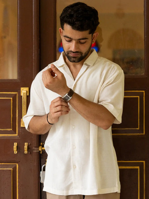 Men Flowy Linen Cuban Collar Ecru Shirt