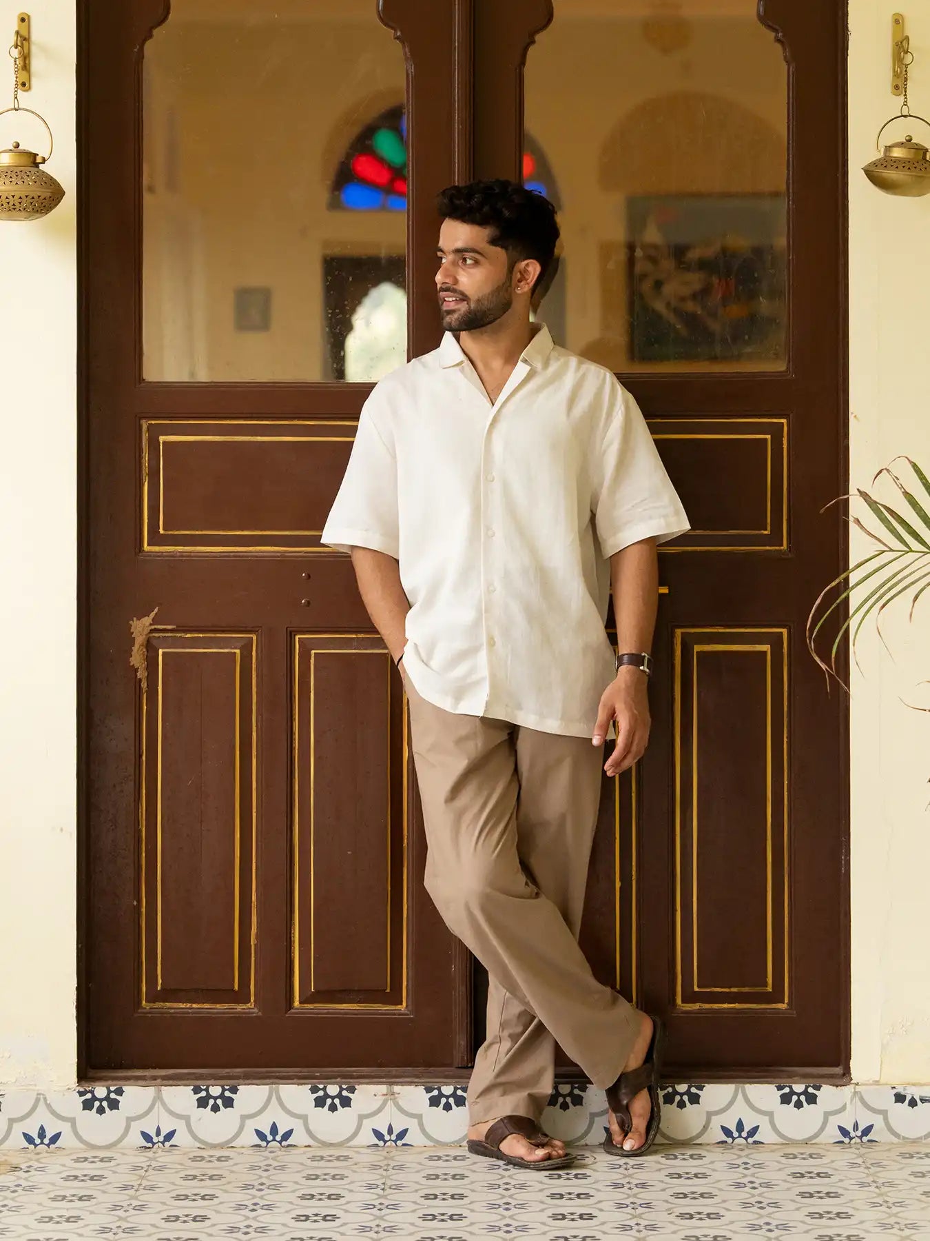 Men Flowy Linen Cuban Collar Ecru Shirt