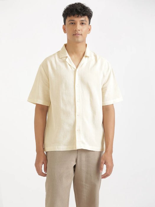 Men Flowy Linen Cuban Collar Ecru Shirt