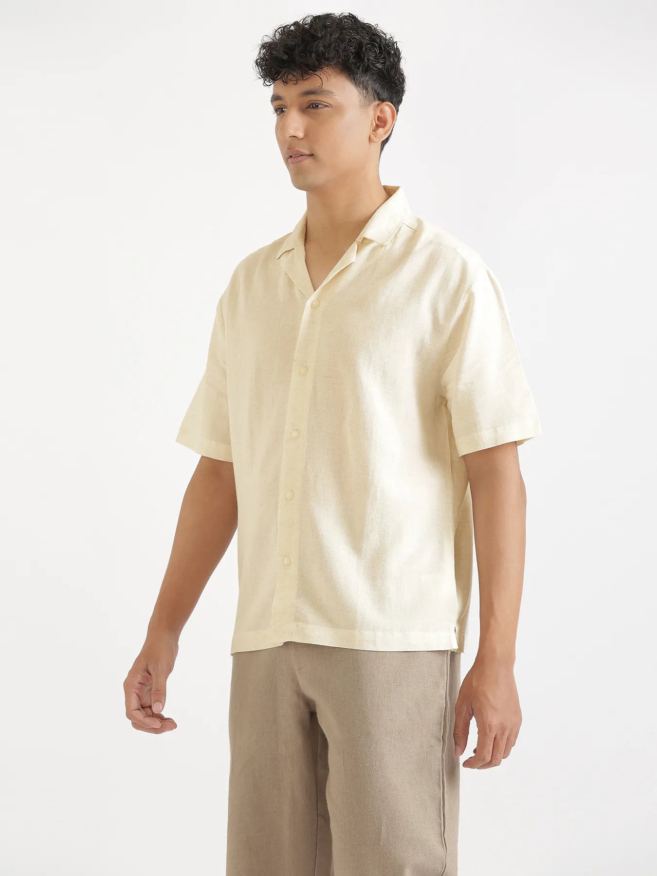 Men Flowy Linen Cuban Collar Ecru Shirt