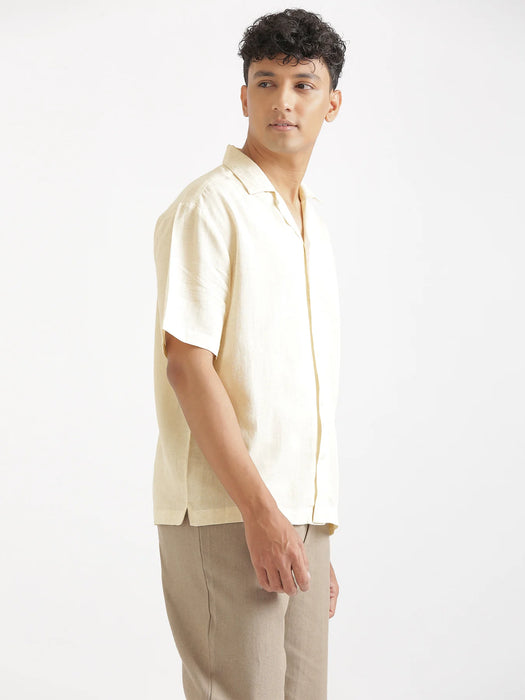 Men Flowy Linen Cuban Collar Ecru Shirt