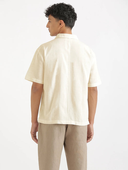 Men Flowy Linen Cuban Collar Ecru Shirt