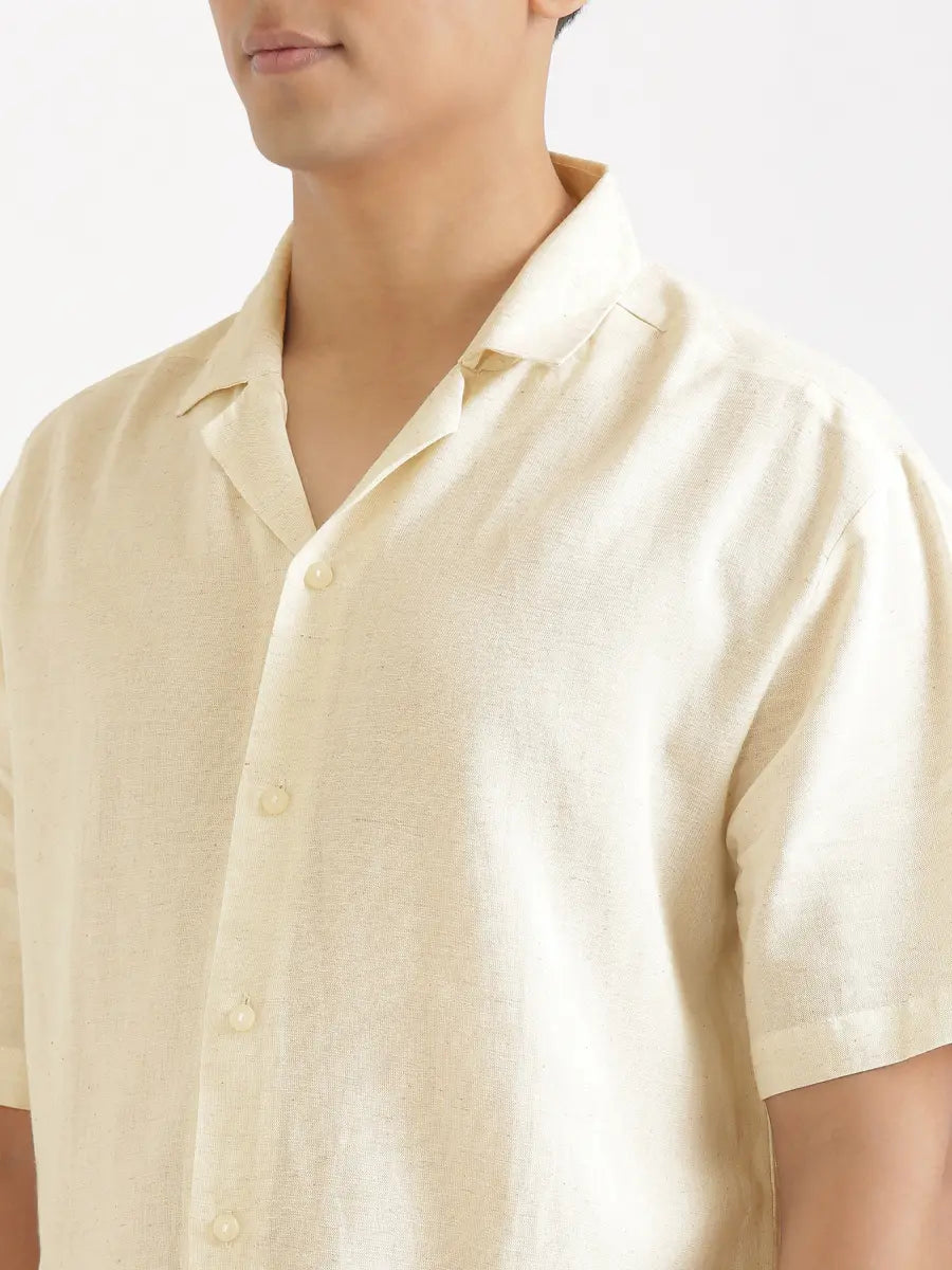 Men Flowy Linen Cuban Collar Ecru Shirt