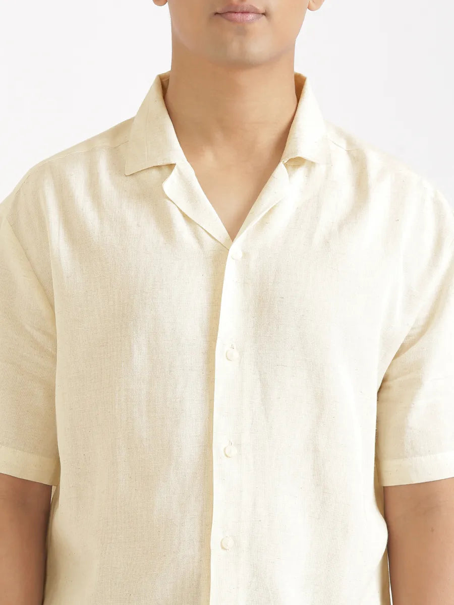 Men Flowy Linen Cuban Collar Ecru Shirt