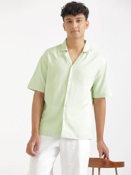 Men Flowy Linen Cuban Collar Mint Green Shirt