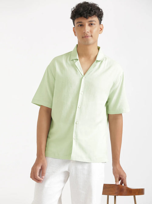Men Flowy Linen Cuban Collar Mint Green Shirt
