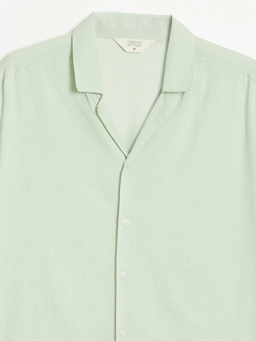 Men Flowy Linen Cuban Collar Mint Green Shirt