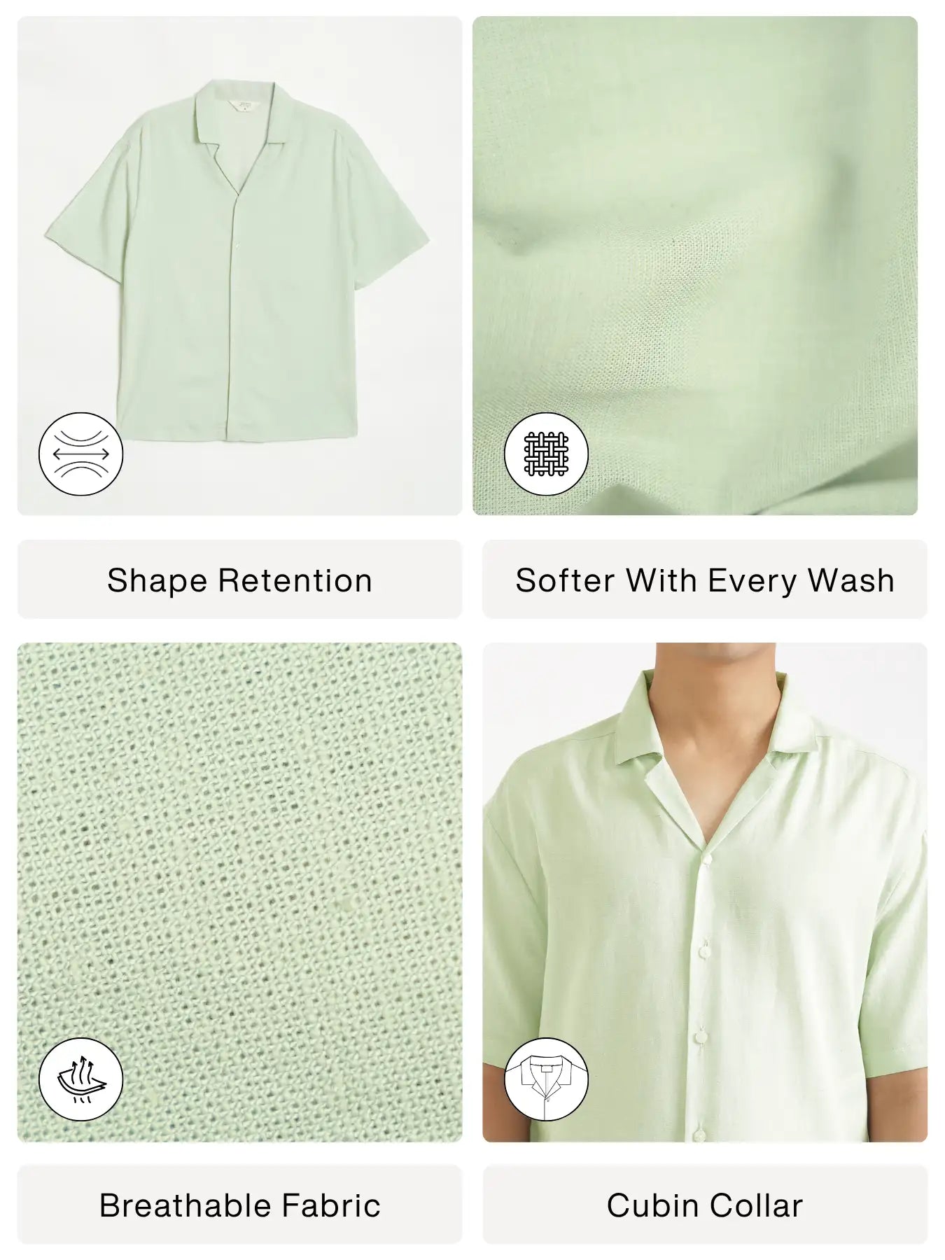 Men Flowy Linen Cuban Collar Mint Green Shirt