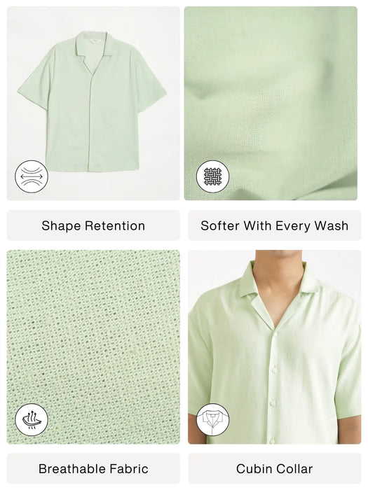 Men Flowy Linen Cuban Collar Mint Green Shirt