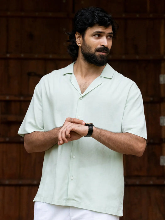 Men Flowy Linen Cuban Collar Mint Green Shirt