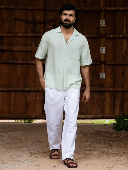 Men Flowy Linen Cuban Collar Mint Green Shirt