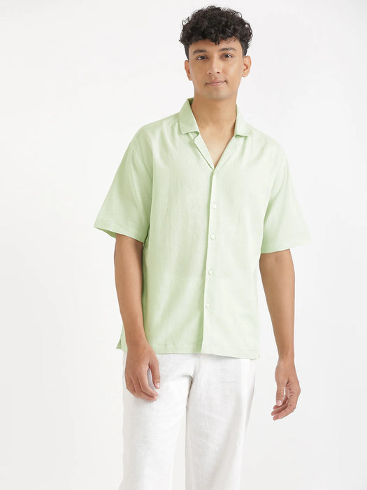 Men Flowy Linen Cuban Collar Mint Green Shirt