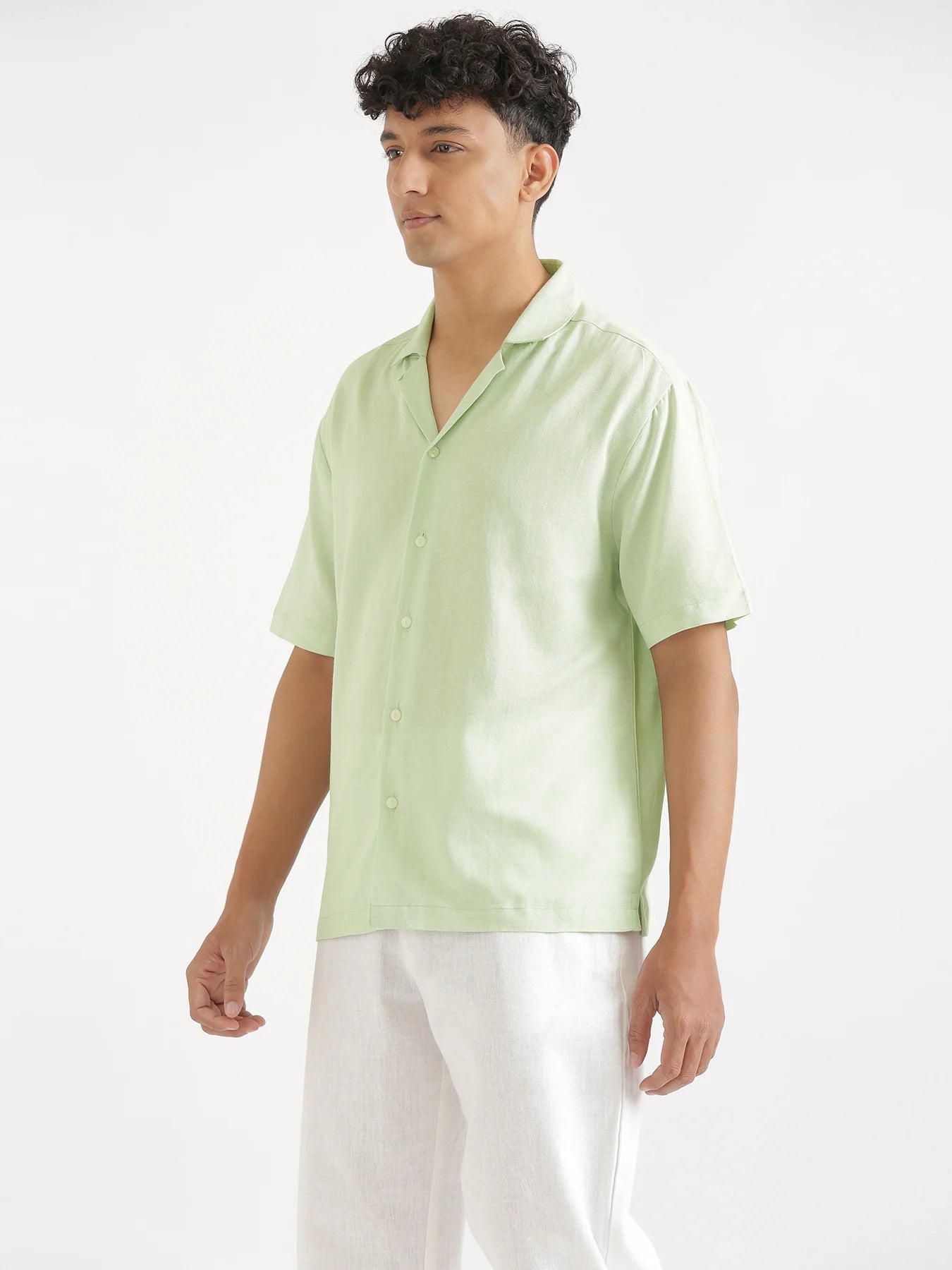 Men Flowy Linen Cuban Collar Mint Green Shirt