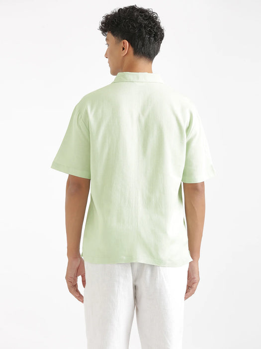 Men Flowy Linen Cuban Collar Mint Green Shirt