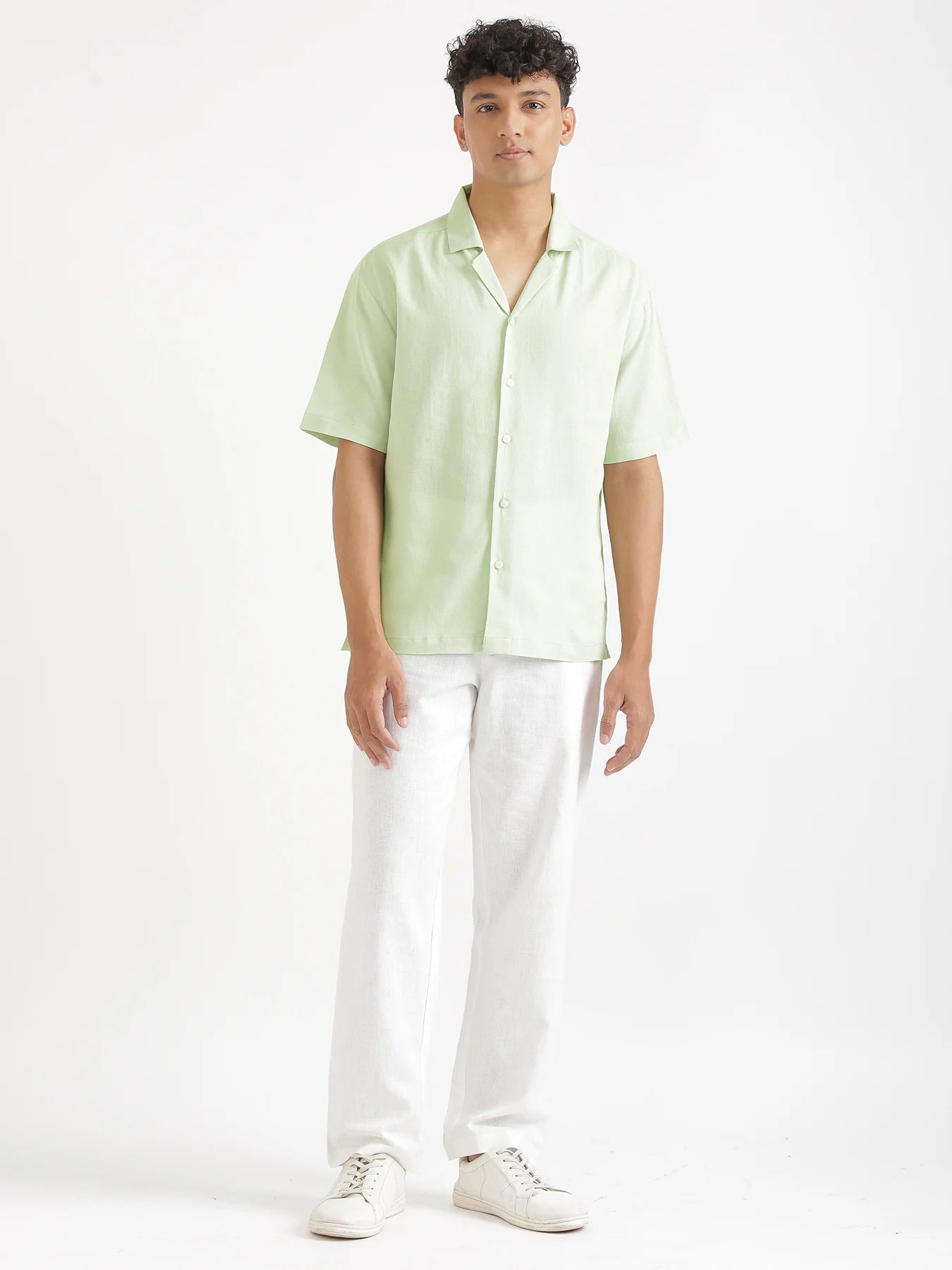 Men Flowy Linen Cuban Collar Mint Green Shirt