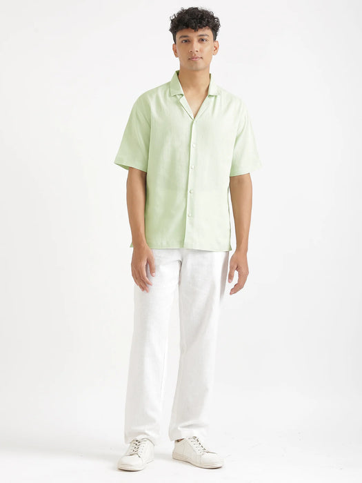Men Flowy Linen Cuban Collar Mint Green Shirt