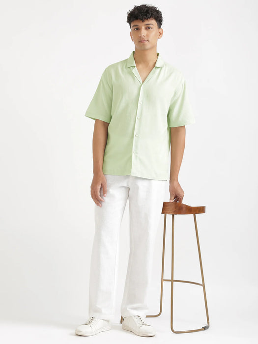 Men Flowy Linen Cuban Collar Mint Green Shirt