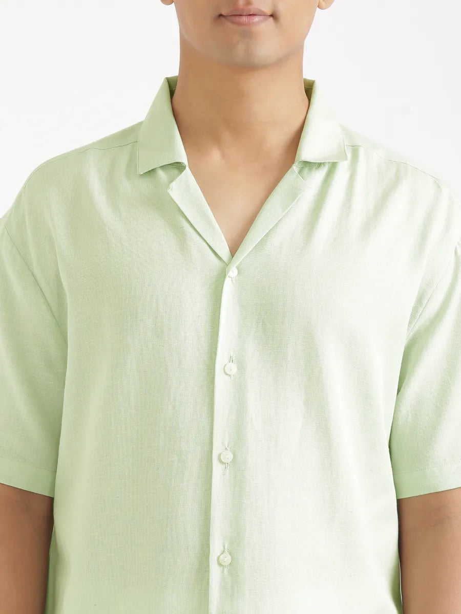 Men Flowy Linen Cuban Collar Mint Green Shirt