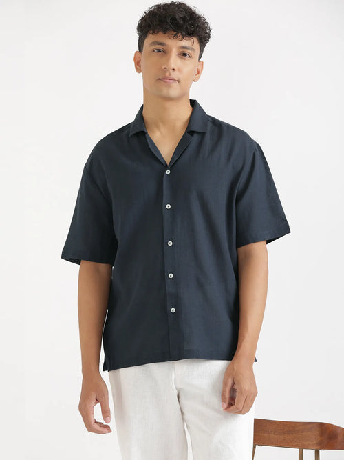 Men Flowy Linen Cuban Collar Navy Blue Shirt
