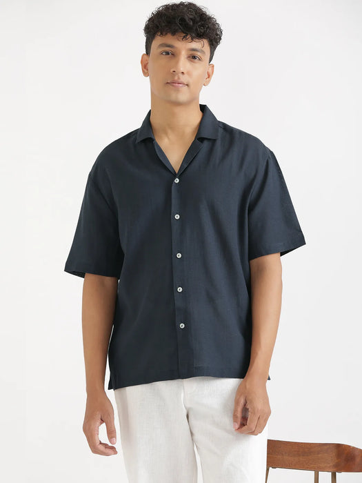 Men Flowy Linen Cuban Collar Navy Blue Shirt