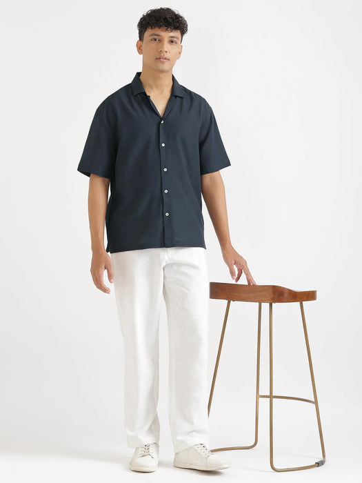 Men Flowy Linen Cuban Collar Navy Blue Shirt