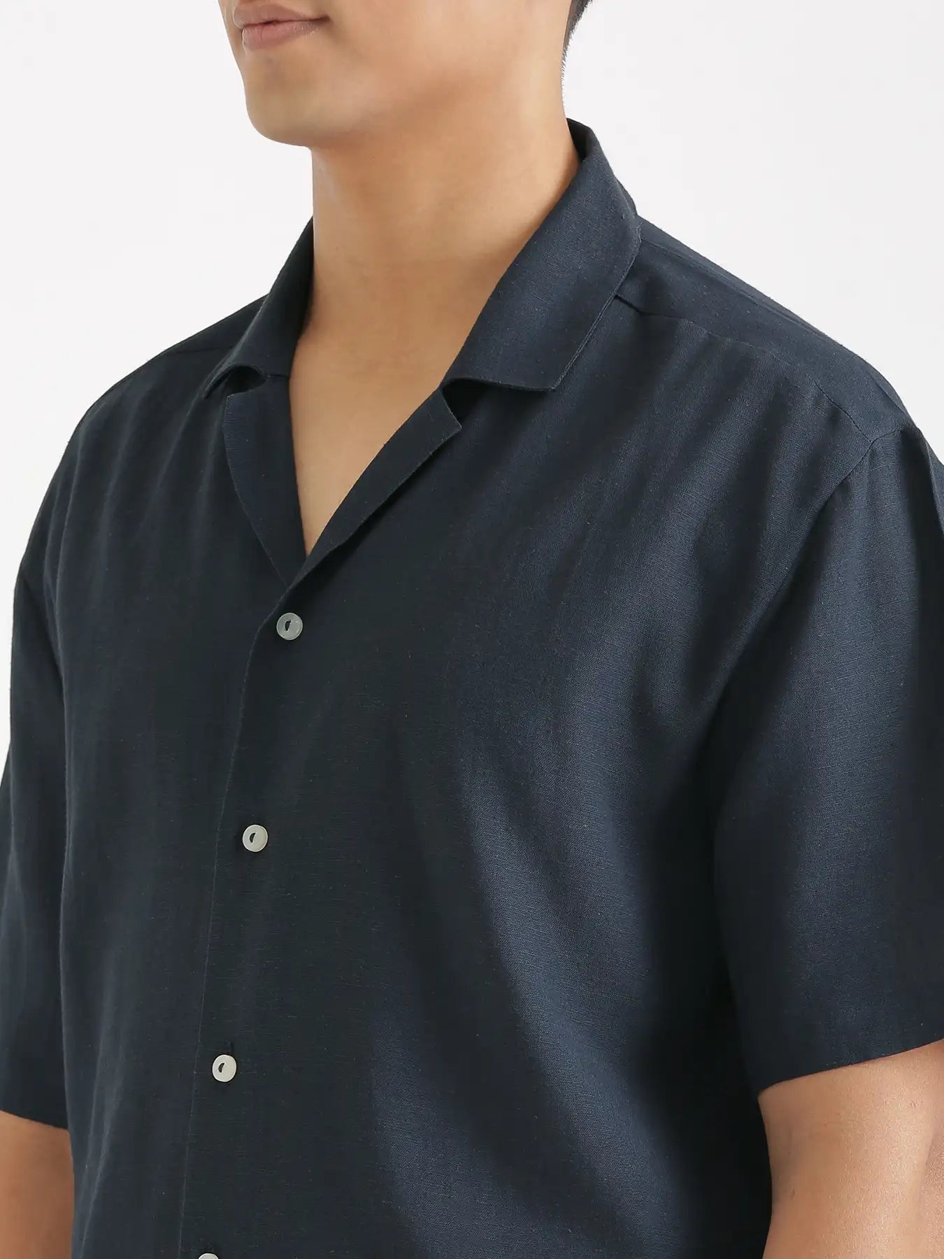 Men Flowy Linen Cuban Collar Navy Blue Shirt