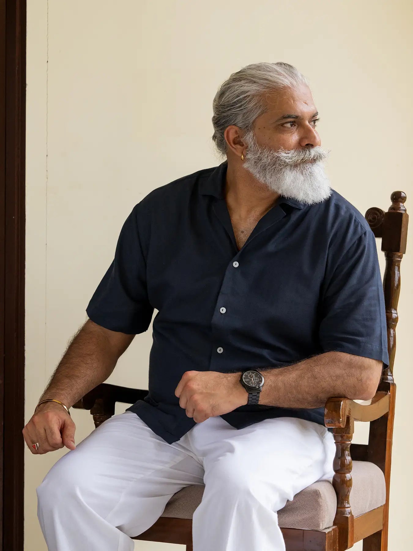 Men Flowy Linen Cuban Collar Navy Blue Shirt